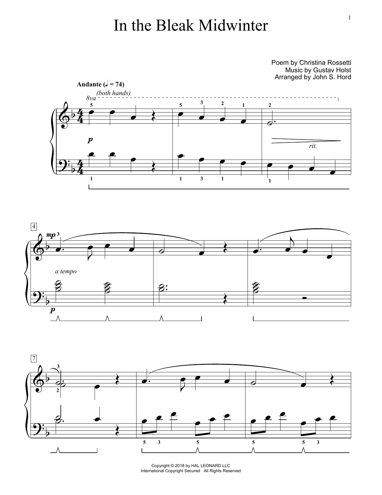 Learn to play Gustav Holst In The Bleak Midwinter (arr. John S. Hord) sheet music for Educational Piano in minutes. Price: 6.9900$ Gustav Holst In The Bleak Midwinter (arr. John S. Hord) sheet music notes and chords arranged for Educational Piano