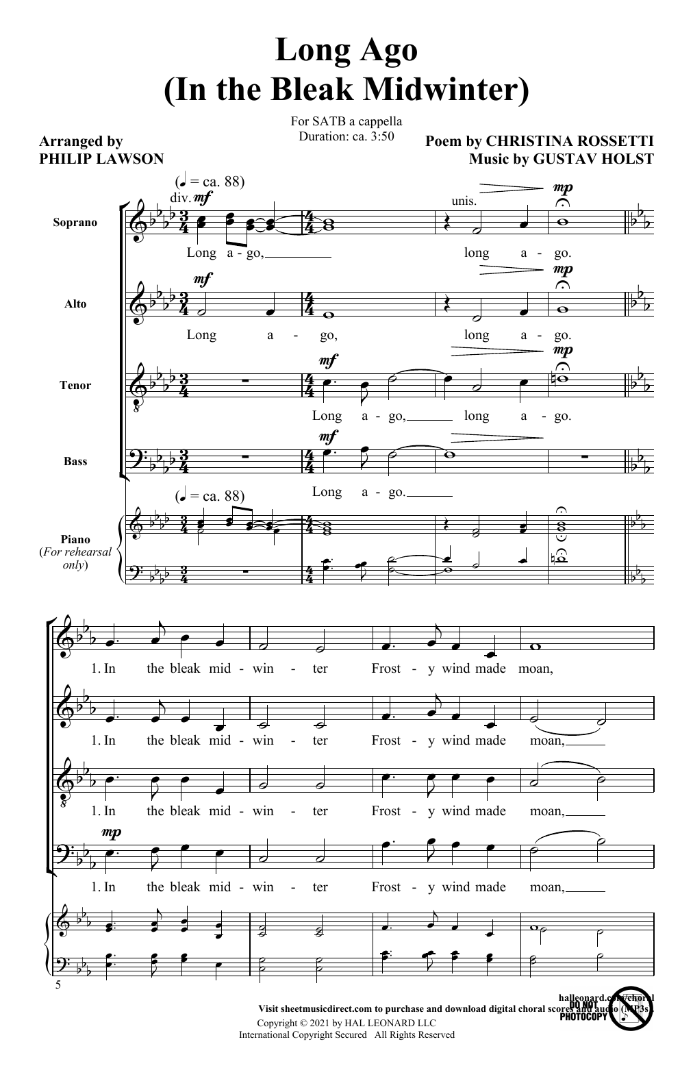 Learn to play Gustav Holst Long Ago (In The Bleak Midwinter) (arr. Philip Lawson) sheet music for SATB Choir in minutes. Price: 3.9900$ Gustav Holst Long Ago (In The Bleak Midwinter) (arr. Philip Lawson) sheet music notes and chords arranged for SATB Choir