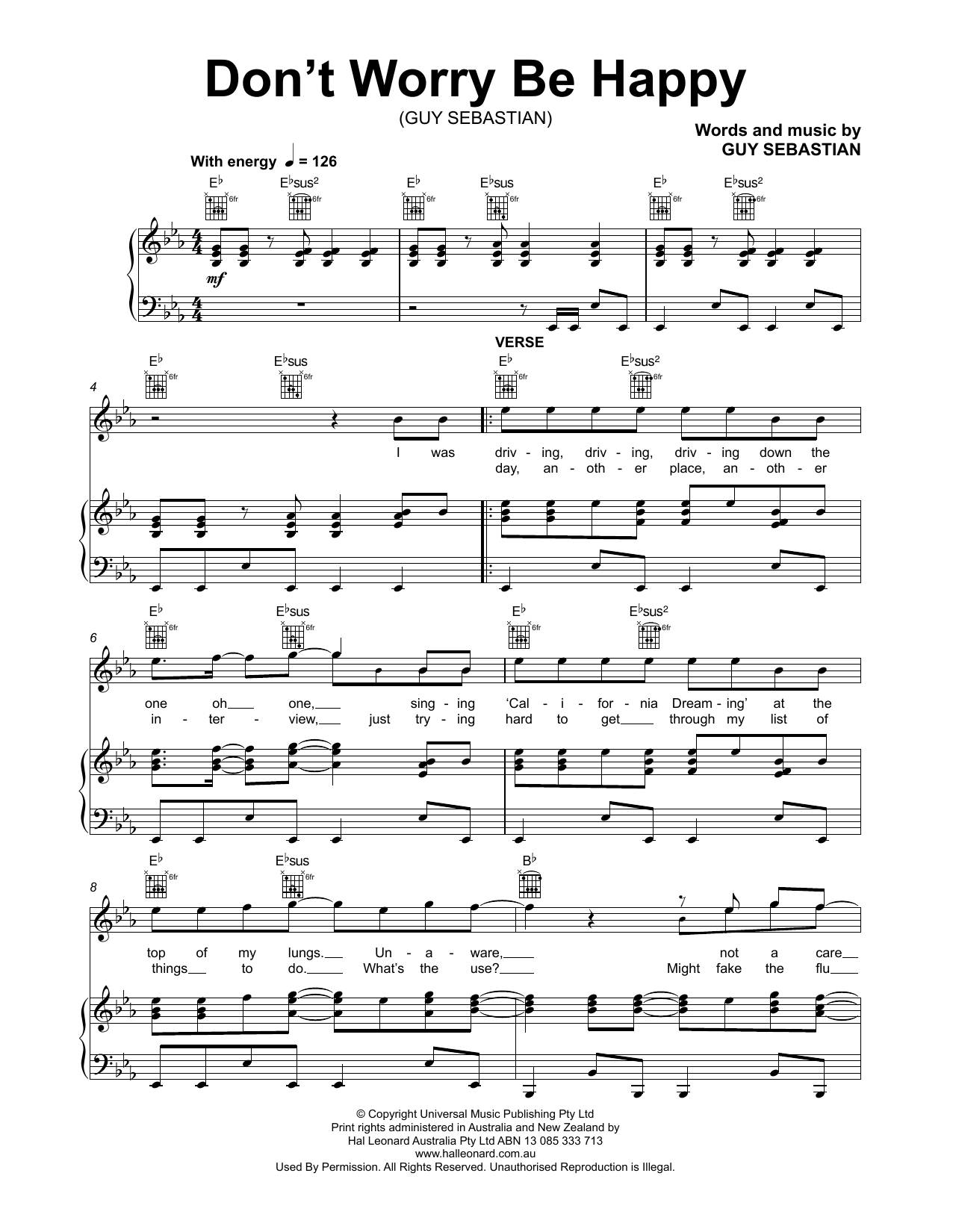Learn to play Guy Sebastian Don't Worry Be Happy sheet music for Piano, Vocal & Guitar Chords (Right-Hand Melody) in minutes. Price: 7.8900$ Guy Sebastian Don't Worry Be Happy sheet music notes and chords arranged for Piano, Vocal & Guitar Chords (Right-Hand Melody)
