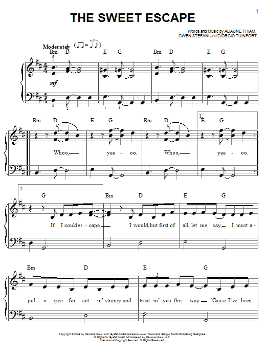 Learn to play Gwen Stefani The Sweet Escape (feat. Akon) sheet music for Easy Piano in minutes. Price: 6.9900$ Gwen Stefani The Sweet Escape (feat. Akon) sheet music notes and chords arranged for Easy Piano