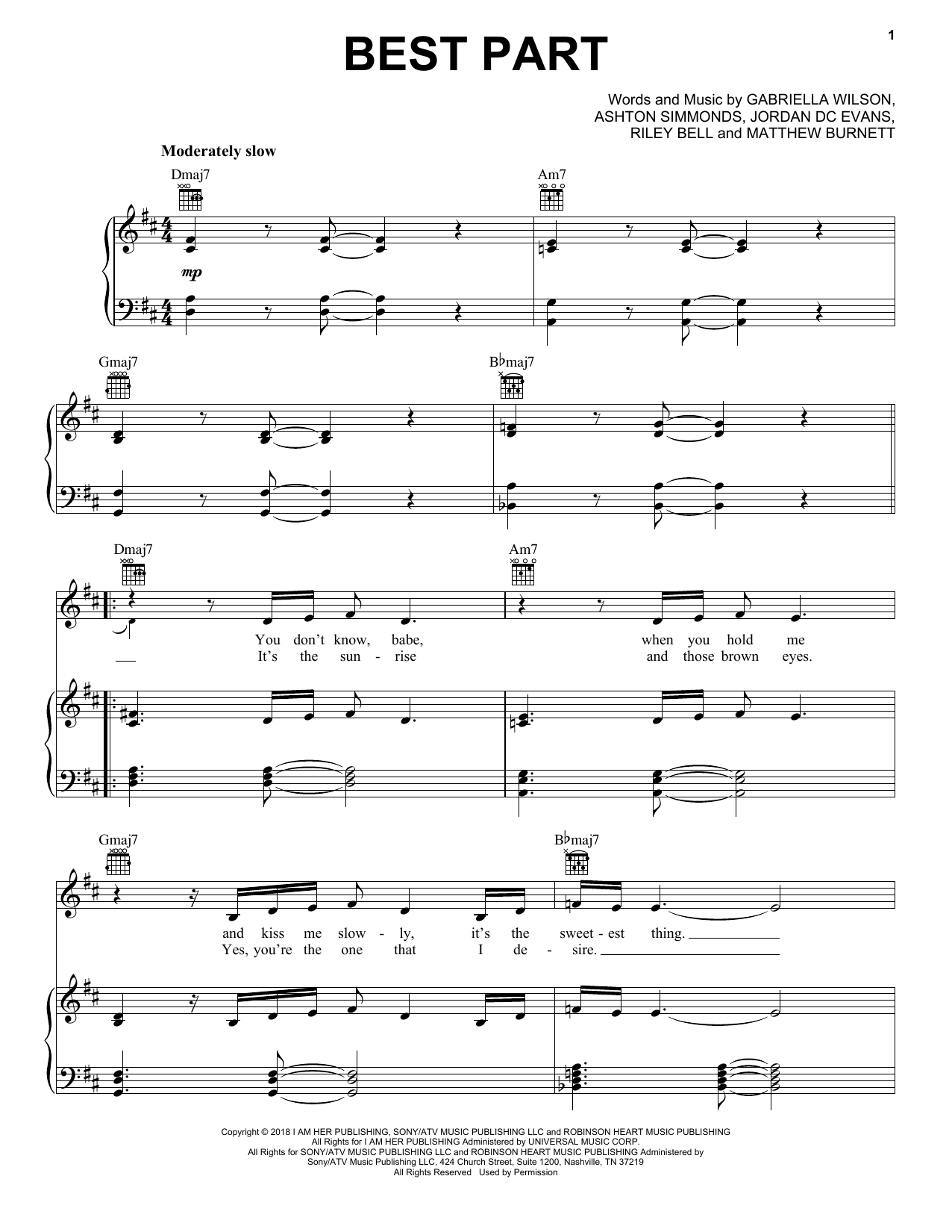 Learn to play H.E.R. Best Part (feat. Daniel Caesar) sheet music for Piano, Vocal & Guitar (Right-Hand Melody) in minutes. H.E.R. Best Part (feat. Daniel Caesar) sheet music notes and chords. Download Printable PDF.