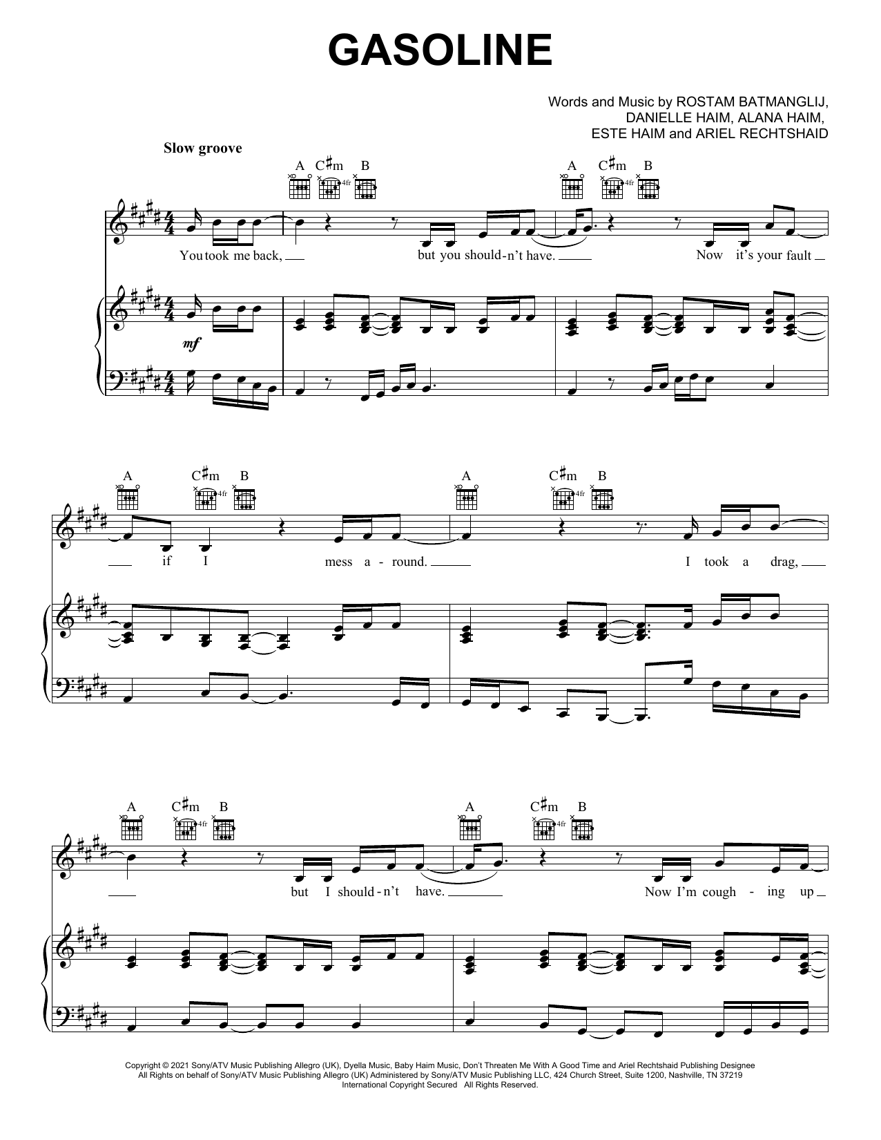 Haim Gasoline (feat. Taylor Swift) sheet music notes and chords. Download Printable PDF.