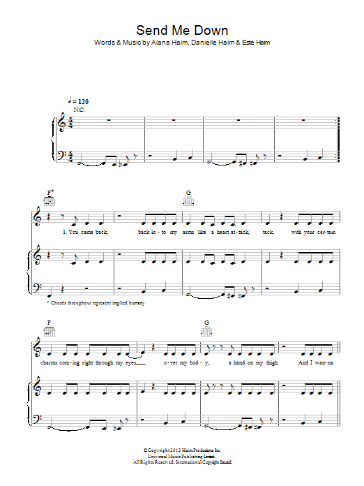 Haim Send Me Down sheet music notes and chords. Download Printable PDF.