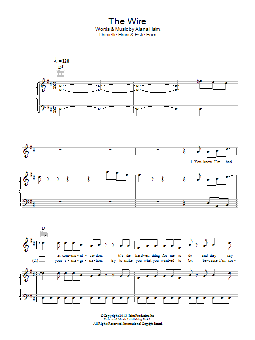 Haim The Wire sheet music notes and chords. Download Printable PDF.