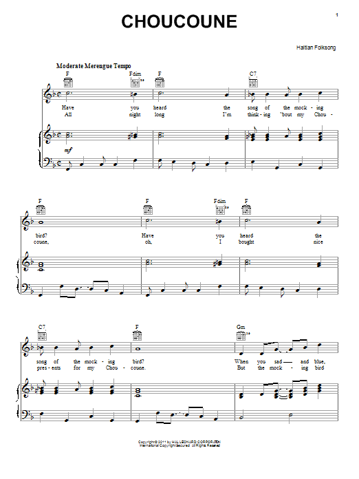 Haitian Folksong Choucoune sheet music notes and chords. Download Printable PDF.