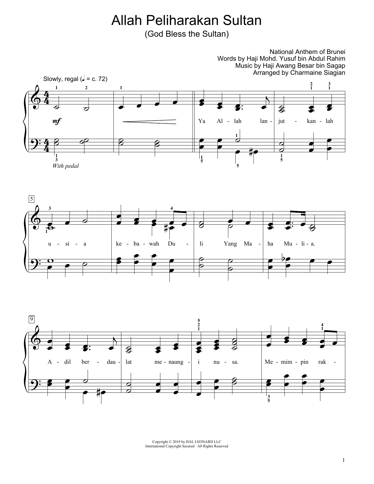 Haji Awang Bin Sagap God Bless The Sultan Allah Peliharakan Sultan Arr Charmaine Siagian Sheet Music Pdf Notes Chords Folk Score Educational Piano Download Printable Sku 411789