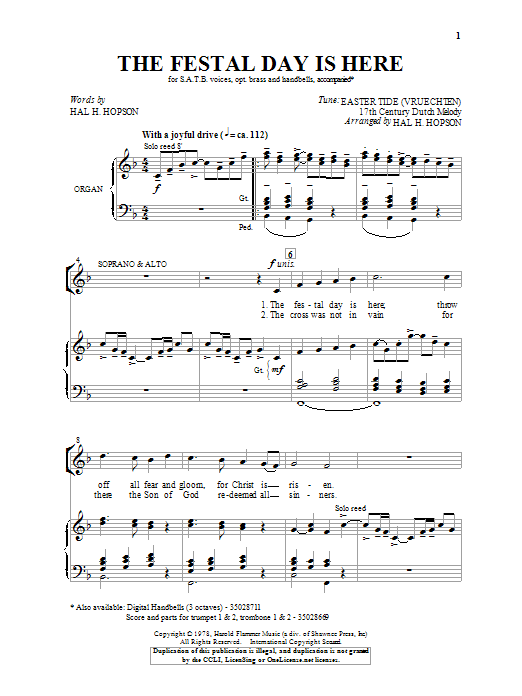 Learn to play Hal Hopson The Festal Day Is Here sheet music for SATB Choir in minutes. Price: 3.9900$ Hal Hopson The Festal Day Is Here sheet music notes and chords arranged for SATB Choir