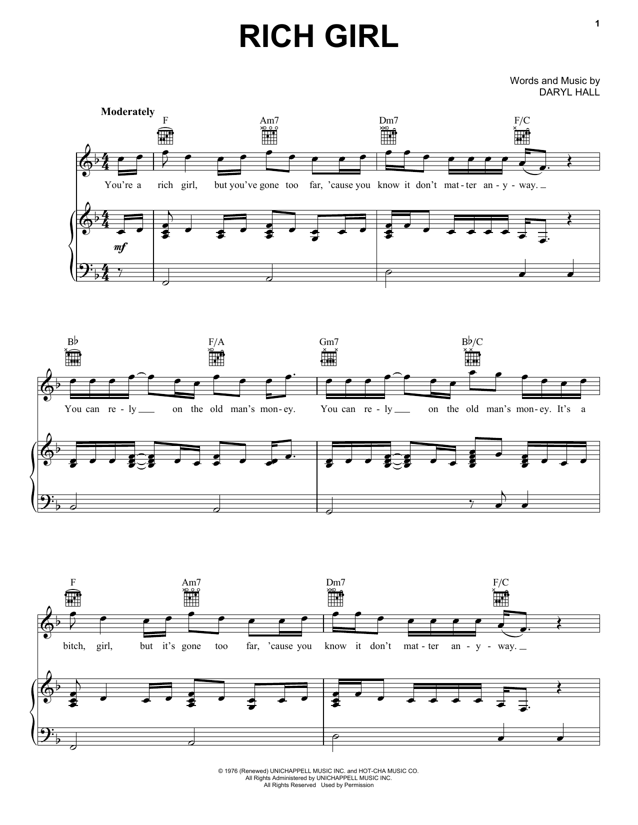 Hall & Oates Girl" Sheet Music Notes, Chords | Rock Score Piano, Vocal & Guitar Melody) Download Printable. SKU: 161571