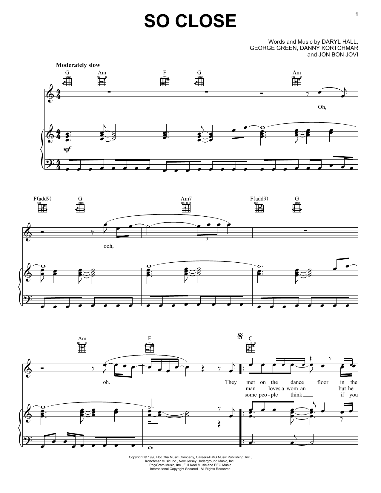 Hall & Oates So Close sheet music notes and chords. Download Printable PDF.