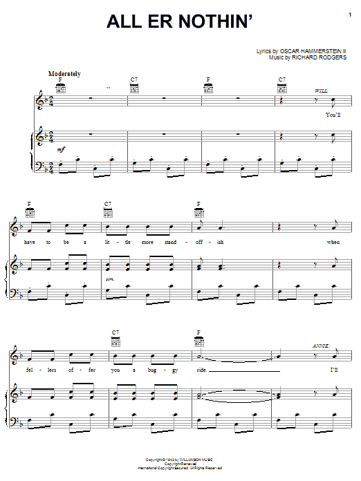 Learn to play Hammerstein, Rodgers & All Er Nothin' (from Oklahoma!) sheet music for Piano, Vocal & Guitar (Right-Hand Melody) in minutes. Hammerstein, Rodgers & All Er Nothin' (from Oklahoma!) sheet music notes and chords