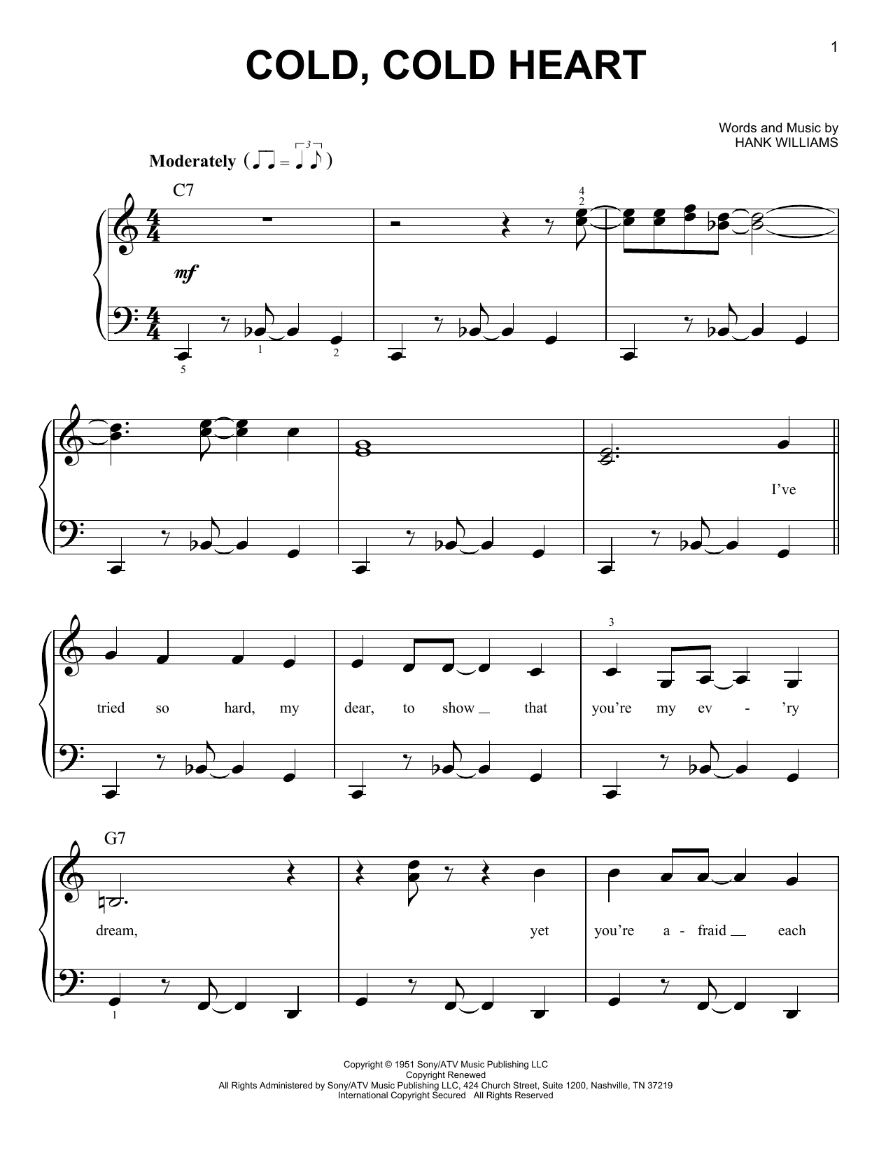 Hank Williams Cold, Cold Heart sheet music notes and chords. Download Printable PDF.