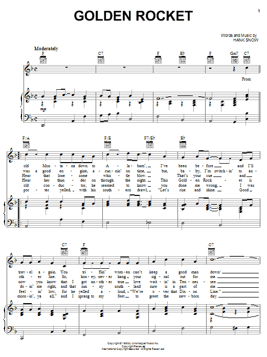 Learn to play Hank Snow Golden Rocket sheet music for Lead Sheet / Fake Book in minutes. Price: 5.9900$ Hank Snow Golden Rocket sheet music notes and chords arranged for Lead Sheet / Fake Book