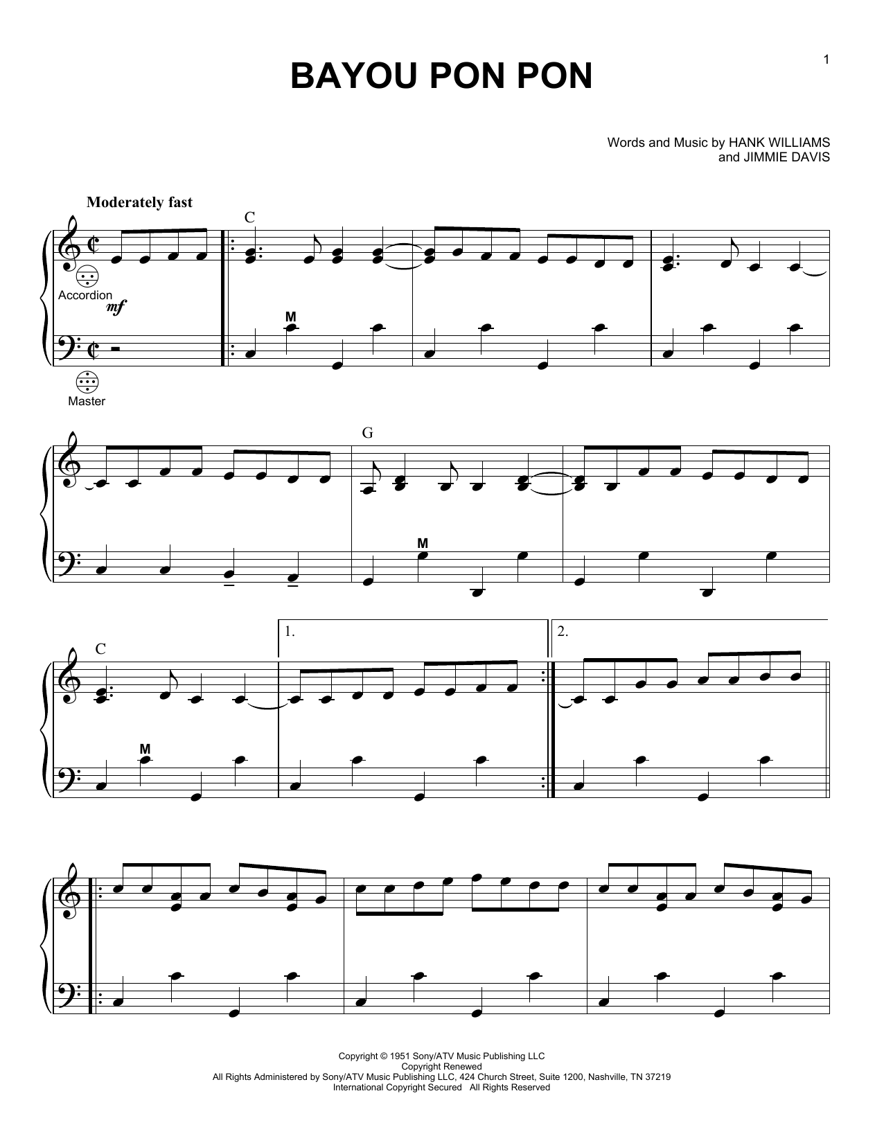 Hank Williams Bayou Pon Pon sheet music notes and chords. Download Printable PDF.