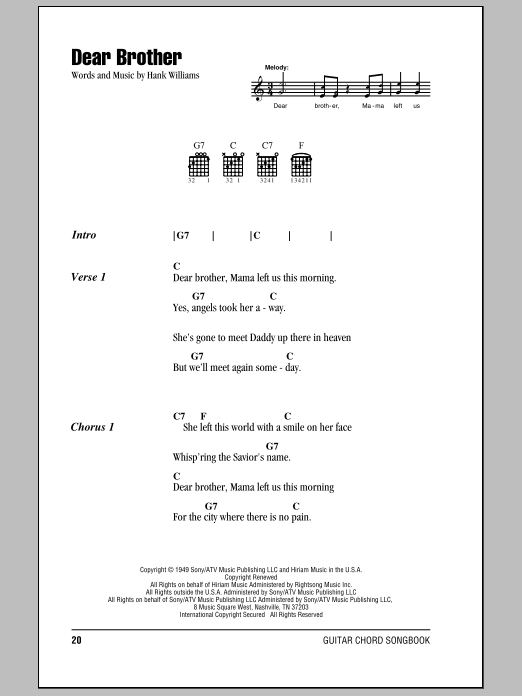 Hank Williams Dear Brother sheet music notes and chords. Download Printable PDF.