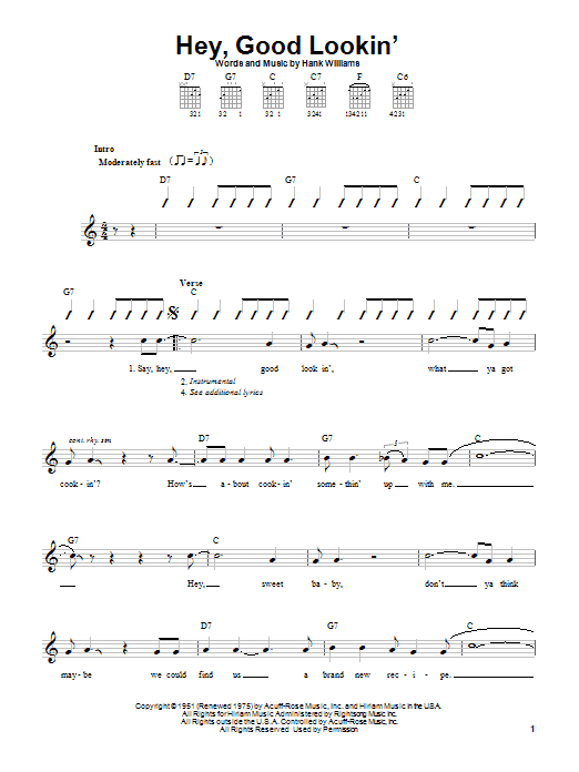 Hank Williams Hey Good Lookin Sheet Music Pdf Notes Chords Country Score Piano Vocal Guitar Right Hand Melody Download Printable Sku 102688