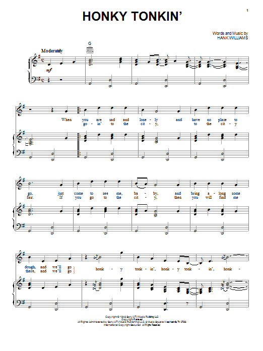 Hank Williams Honky Tonkin' sheet music notes and chords. Download Printable PDF.