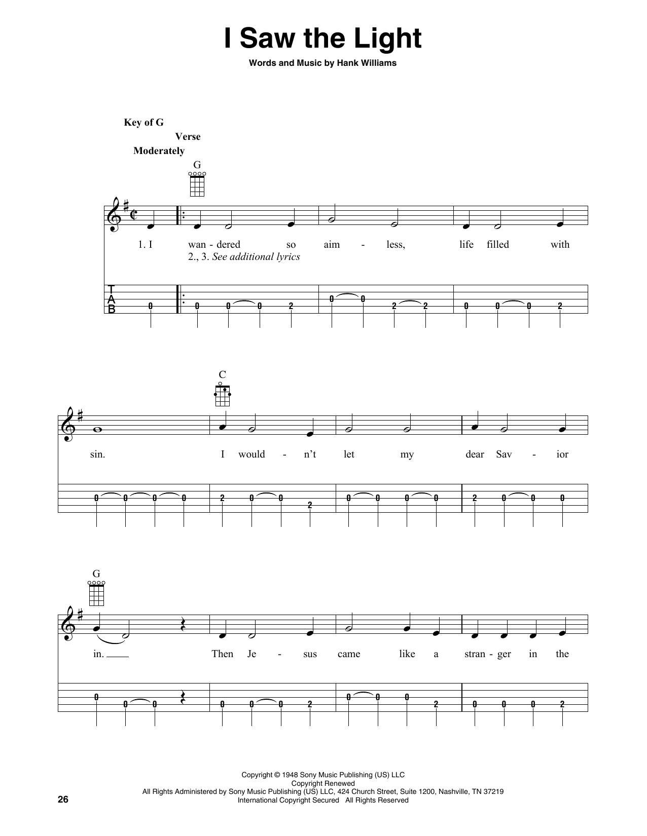 Learn to play Hank Williams I Saw The Light (arr. Fred Sokolow) sheet music for Banjo Tab in minutes. Price: 7.8900$ Hank Williams I Saw The Light (arr. Fred Sokolow) sheet music notes and chords arranged for Banjo Tab
