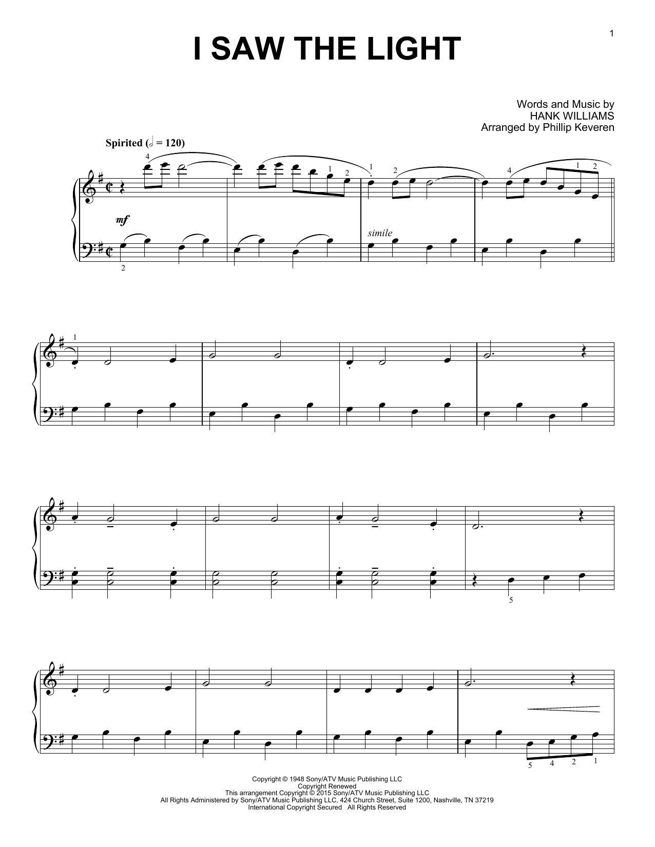 Hank Williams "I Saw The Light" Sheet Music for Piano Solo Download