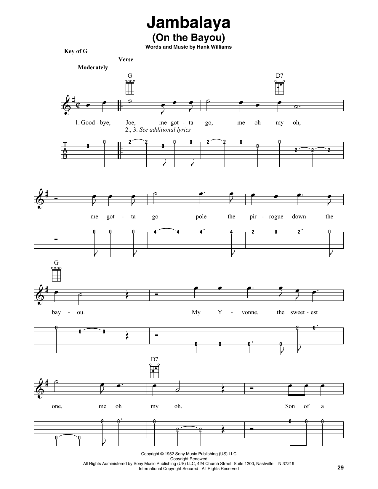 Learn to play Hank Williams Jambalaya (On The Bayou) (arr. Fred Sokolow) sheet music for Banjo Tab in minutes. Price: 7.8900$ Hank Williams Jambalaya (On The Bayou) (arr. Fred Sokolow) sheet music notes and chords arranged for Banjo Tab