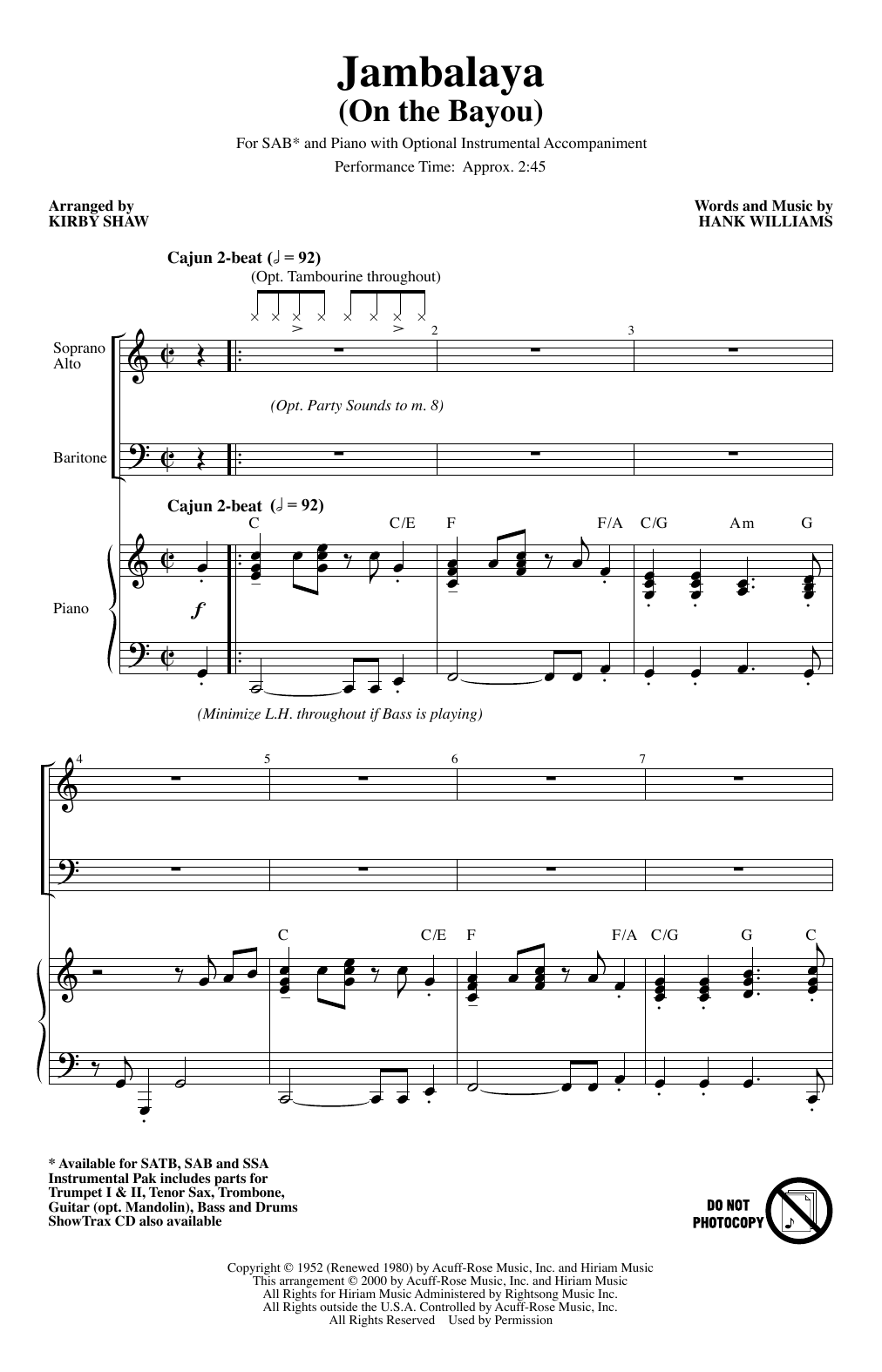 Learn to play Hank Williams Jambalaya (On The Bayou) (arr. Kirby Shaw) sheet music for SSA Choir in minutes. Price: 3.9900$ Hank Williams Jambalaya (On The Bayou) (arr. Kirby Shaw) sheet music notes and chords arranged for SSA Choir
