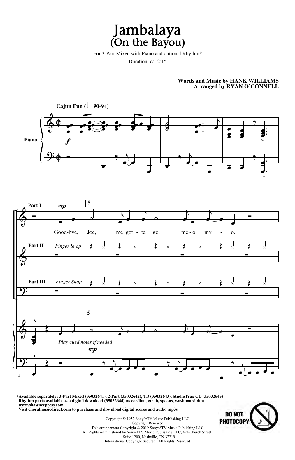 Learn to play Hank Williams Jambalaya (On The Bayou) (arr. Ryan O'Connell) sheet music for TB Choir in minutes. Price: 3.9900$ Hank Williams Jambalaya (On The Bayou) (arr. Ryan O'Connell) sheet music notes and chords arranged for TB Choir