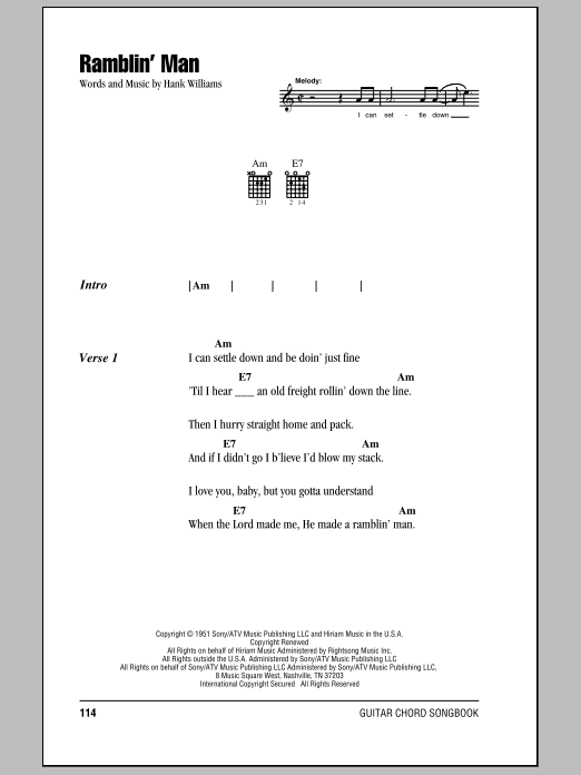 Hank Williams Ramblin' Man sheet music notes and chords. Download Printable PDF.