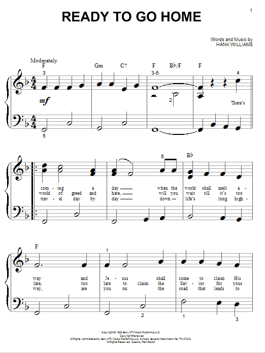 Learn to play Hank Williams Ready To Go Home sheet music for Big Note Piano in minutes. Price: 6.9900$ Hank Williams Ready To Go Home sheet music notes and chords arranged for Big Note Piano