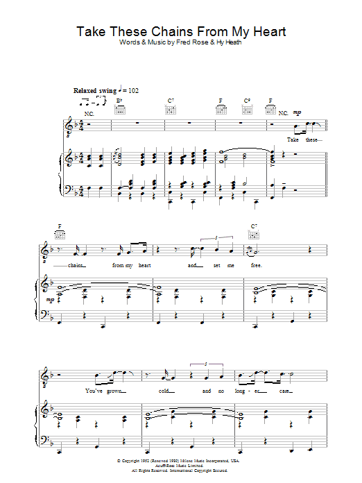 Learn to play Hank Williams Take These Chains From My Heart sheet music for Pro Vocal in minutes. Price: 6.9900$ Hank Williams Take These Chains From My Heart sheet music notes and chords arranged for Pro Vocal