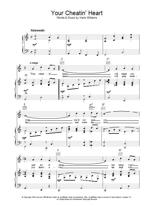 Learn to play Hank Williams Your Cheatin' Heart sheet music for Lead Sheet / Fake Book in minutes. Hank Williams Your Cheatin' Heart sheet music notes and chords. Download Printable PDF.