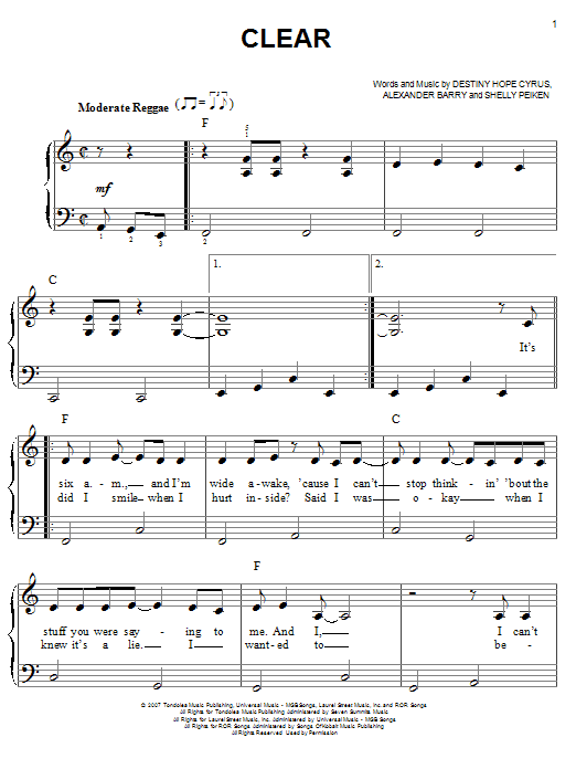 Hannah Montana Clear sheet music notes and chords. Download Printable PDF.