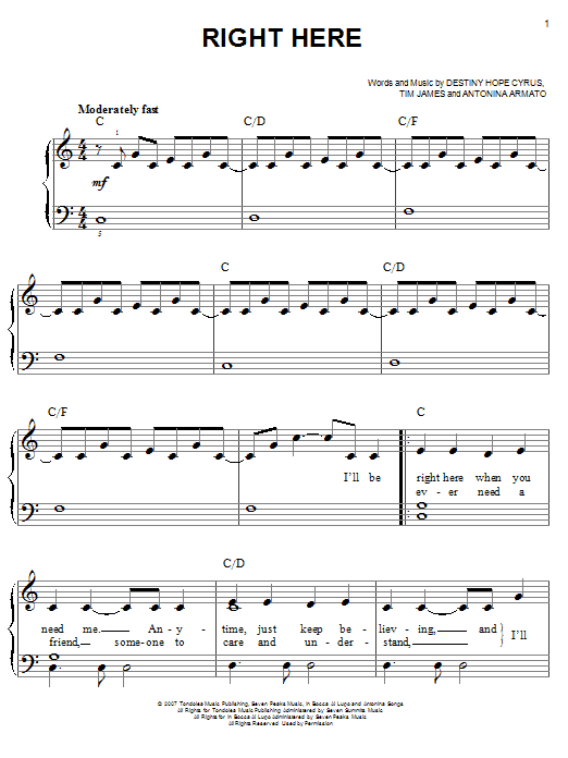 Hannah Montana Right Here sheet music notes and chords. Download Printable PDF.