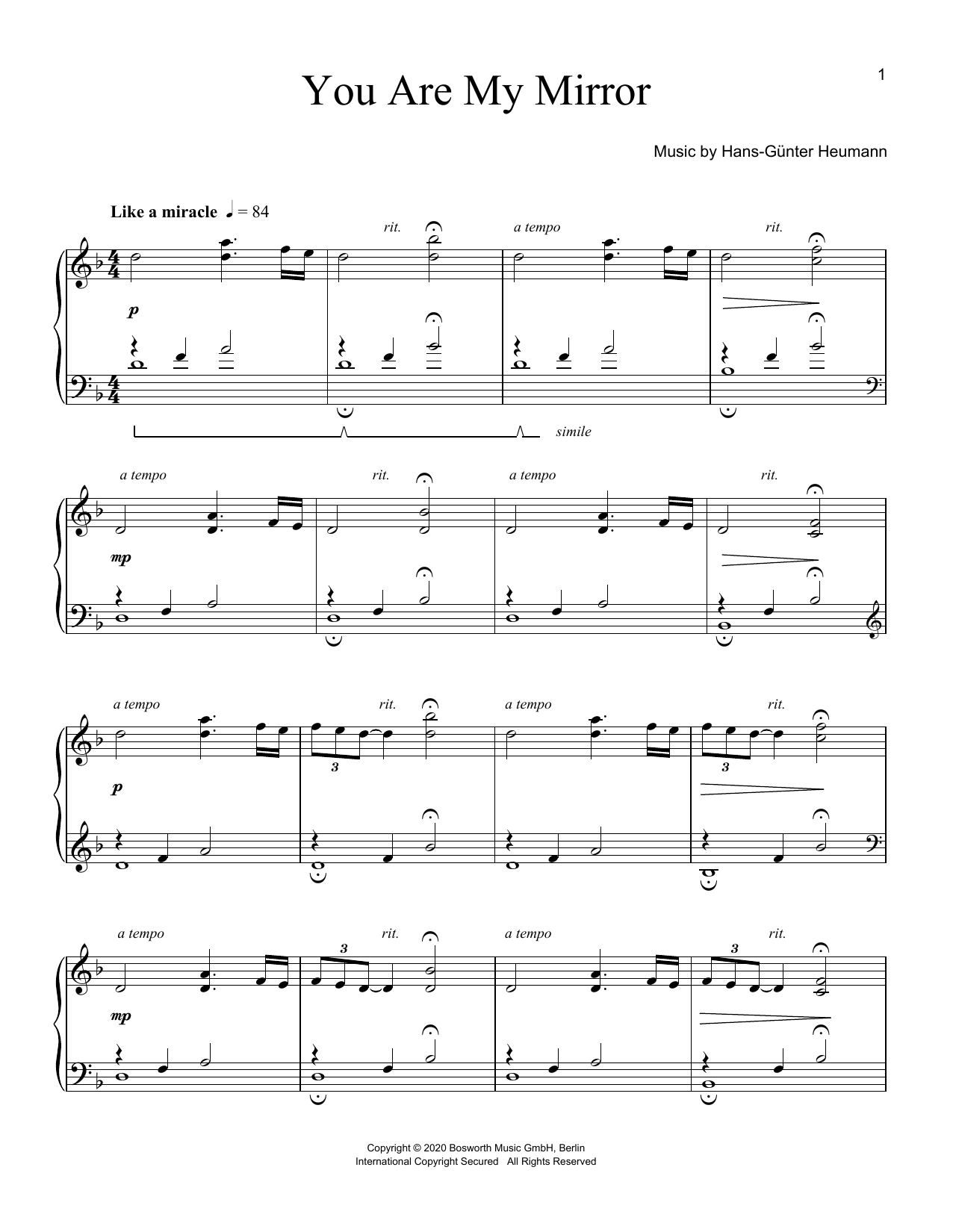 Learn to play Hans-Günter Heumann You Are My Mirror sheet music for Piano Solo in minutes. Price: 7.8900$ Hans-Günter Heumann You Are My Mirror sheet music notes and chords arranged for Piano Solo