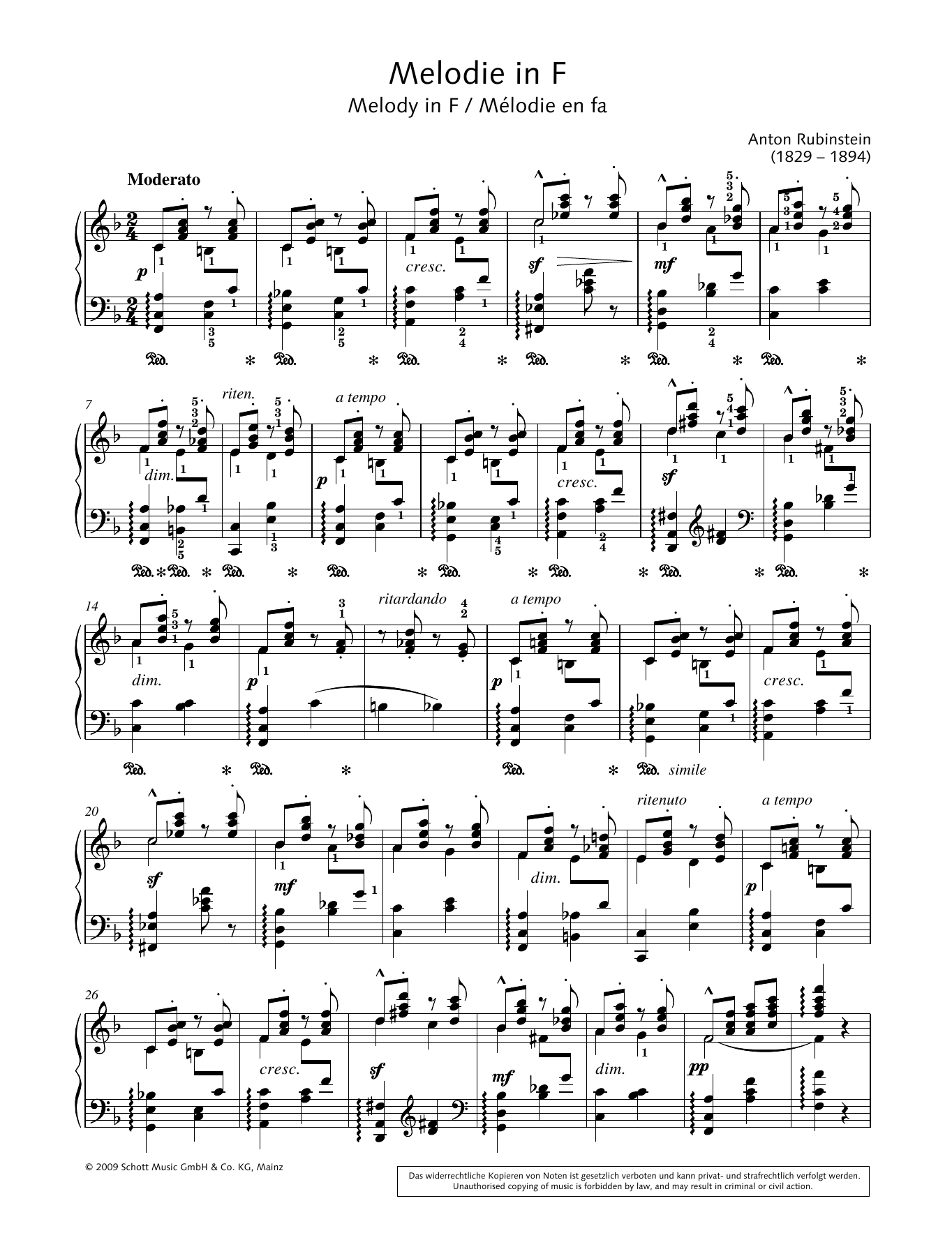 Anton Rubinstein 'Melody In F' Sheet Music, Chords & Lyrics