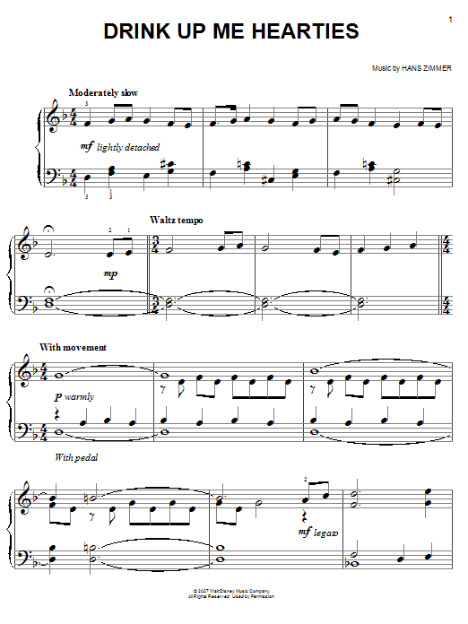 Hans Zimmer Drink Up Me Hearties (from Pirates Of The Caribbean: At World's End) sheet music notes and chords. Download Printable PDF.