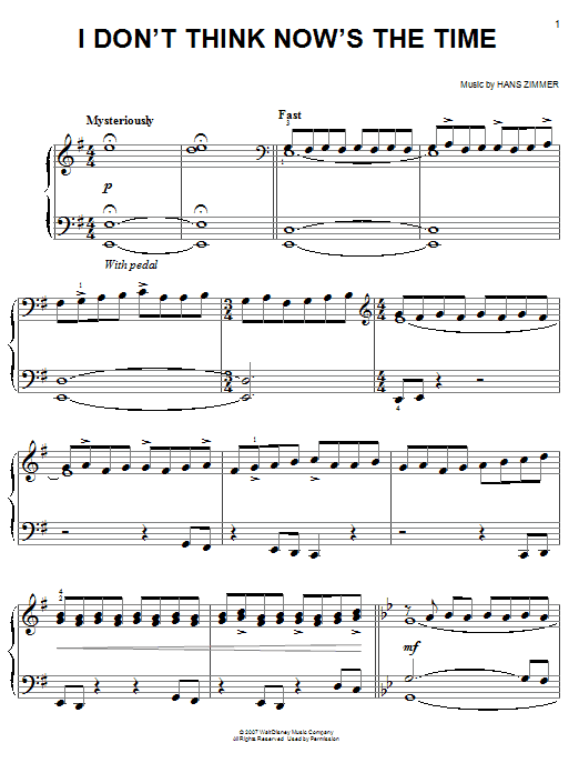 Hans Zimmer I Don't Think Now's The Time (from Pirates Of The Caribbean: At World's End) sheet music notes and chords. Download Printable PDF.