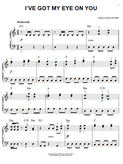 Hans Zimmer I've Got My Eye On You (from Pirates Of The Caribbean: Dead Man's Chest) sheet music notes and chords. Download Printable PDF.