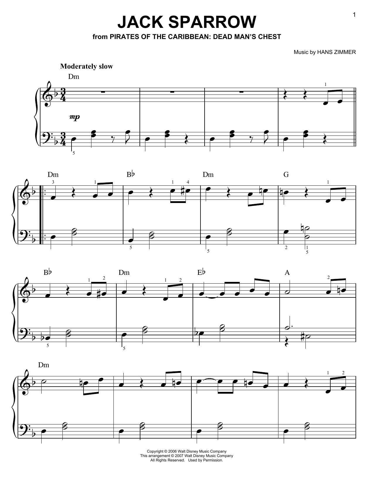 Hans Zimmer Jack Sparrow (from Pirates Of The Caribbean: Dead Man's Chest) sheet music notes and chords. Download Printable PDF.