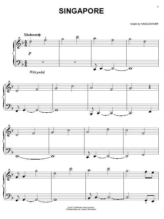 Hans Zimmer Singapore (from Pirates Of The Caribbean: At World's End) sheet music notes and chords. Download Printable PDF.