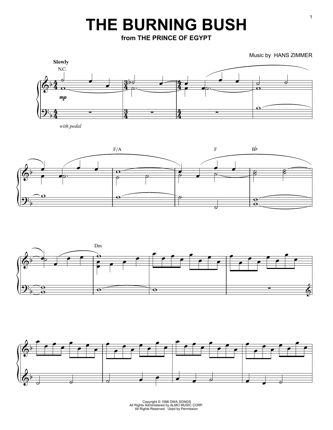 Hans Zimmer The Burning Bush (from The Prince of Egypt) sheet music notes and chords. Download Printable PDF.