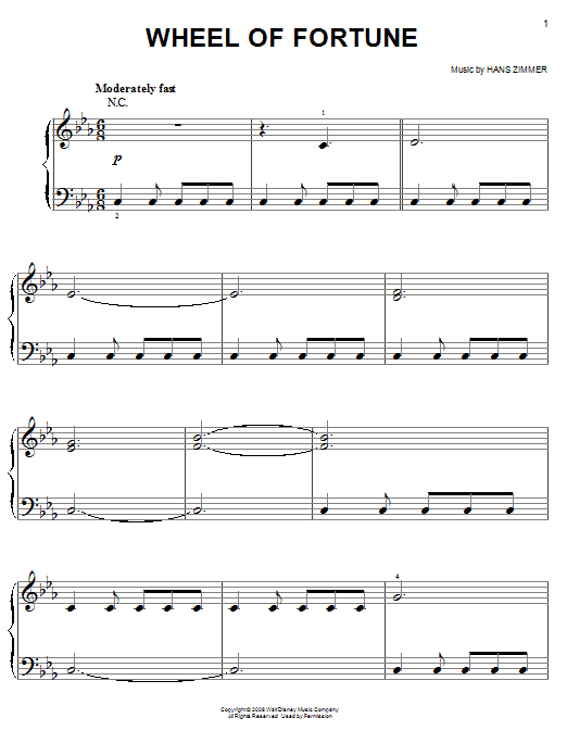 Hans Zimmer Wheel Of Fortune sheet music notes and chords. Download Printable PDF.