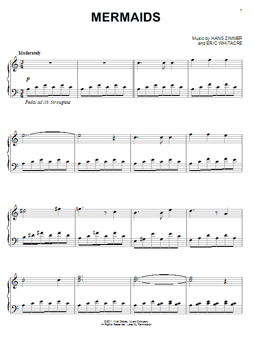 Hans Zimmer Mermaids sheet music notes and chords. Download Printable PDF.