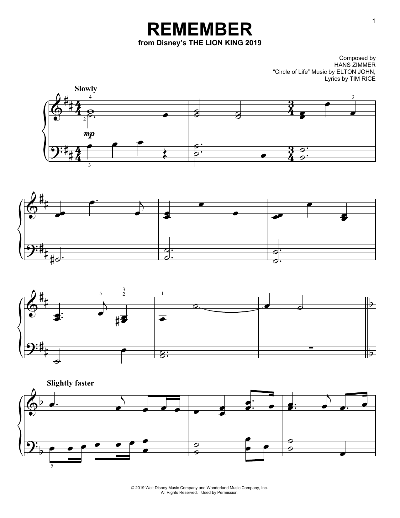 Hans Zimmer Remember (from The Lion King 2019) sheet music notes and chords. Download Printable PDF.