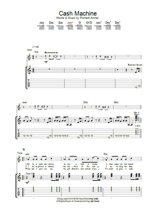 Hard-Fi Cash Machine sheet music notes and chords. Download Printable PDF.