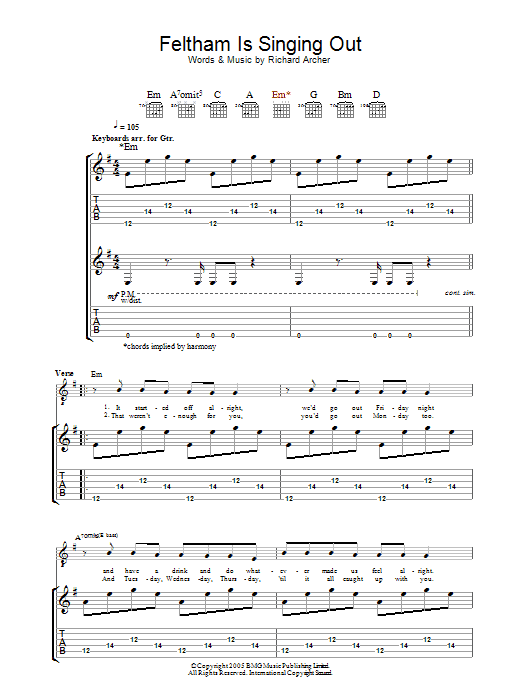 Hard-Fi Feltham Is Singing Out sheet music notes and chords. Download Printable PDF.