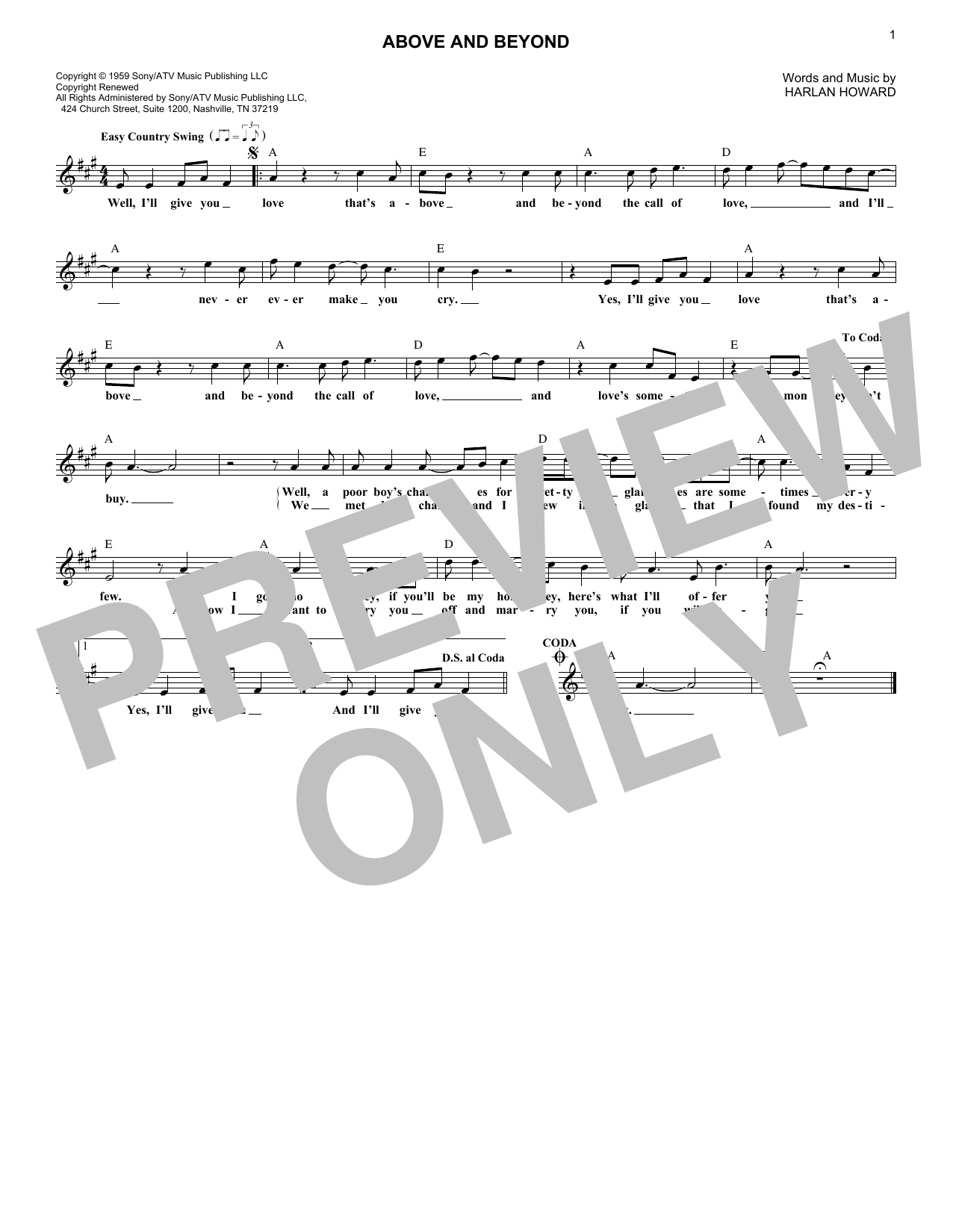 Harlan Howard Above And Beyond sheet music notes and chords. Download Printable PDF.