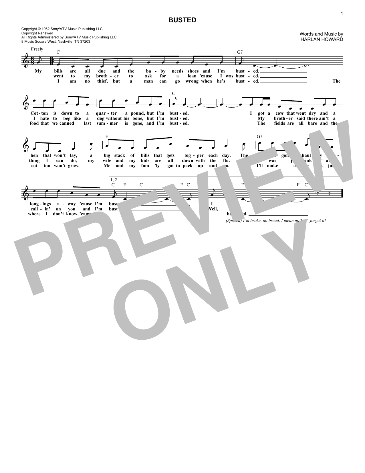 Harlan Howard Busted sheet music notes and chords. Download Printable PDF.