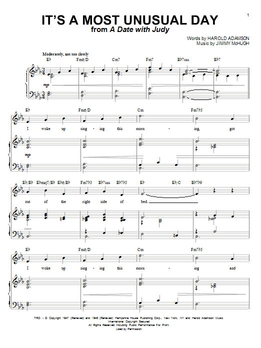 Learn to play Harold Adamson It's A Most Unusual Day sheet music for Easy Lead Sheet / Fake Book in minutes. Price: 5.9900$ Harold Adamson It's A Most Unusual Day sheet music notes and chords arranged for Easy Lead Sheet / Fake Book