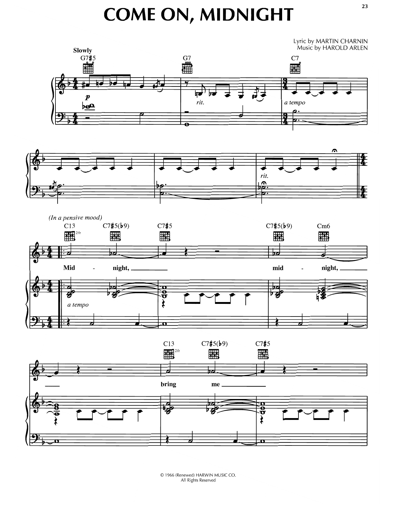 Harold Arlen Come On, Midnight sheet music notes and chords. Download Printable PDF.