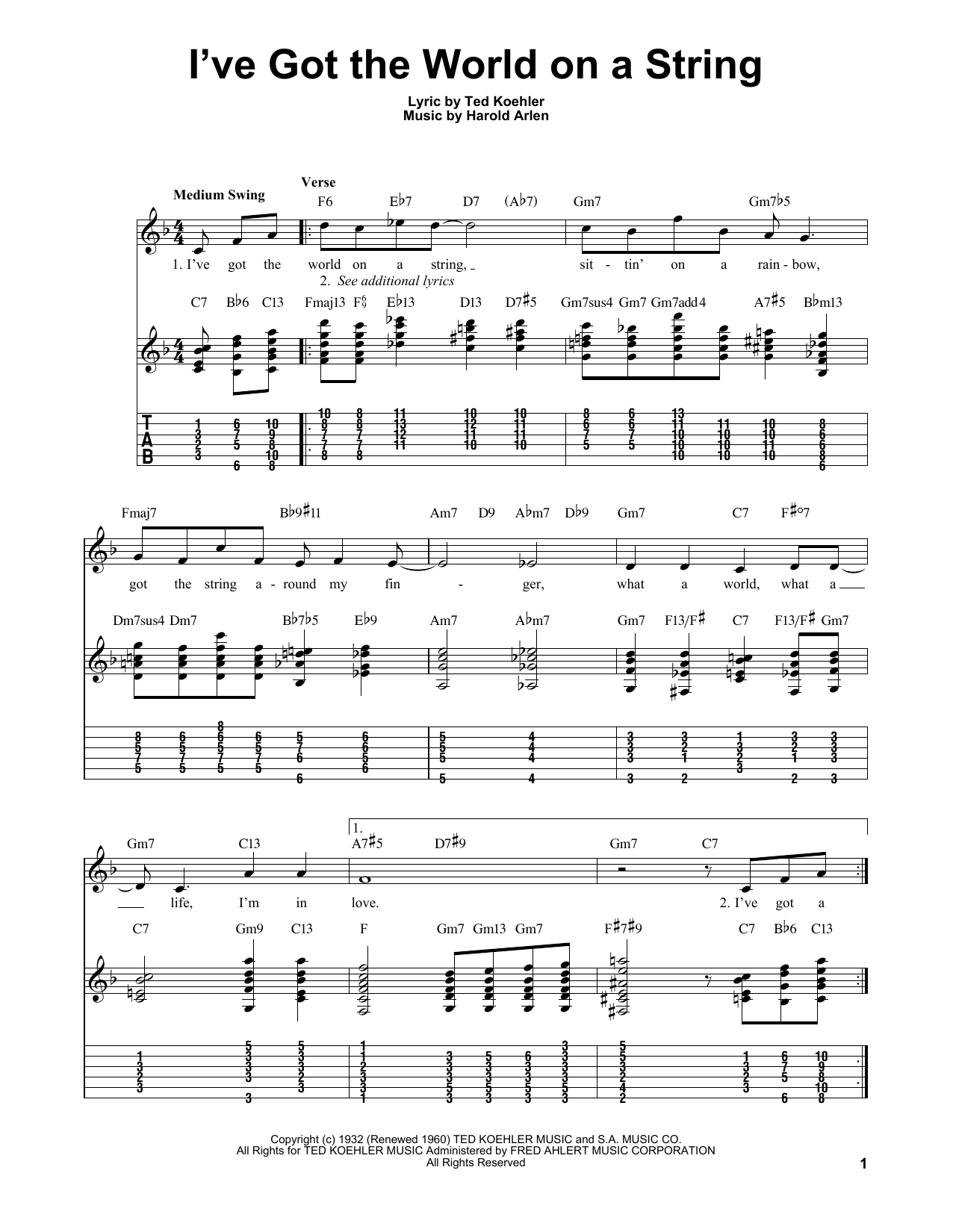 Harold Arlen I've Got The World On A String sheet music notes and chords. Download Printable PDF.