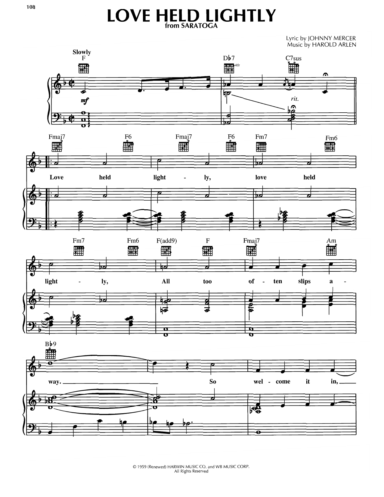 Harold Arlen Love Held Lightly sheet music notes and chords. Download Printable PDF.